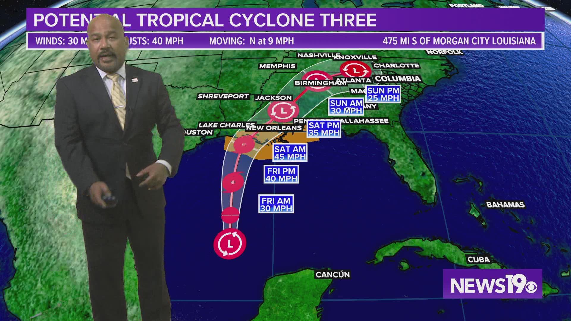 Potential Tropical Cyclone Three, which could become Claudette, is expected to bring flooding conditions to the Gulf Coast and possibly to much of the Southeast.