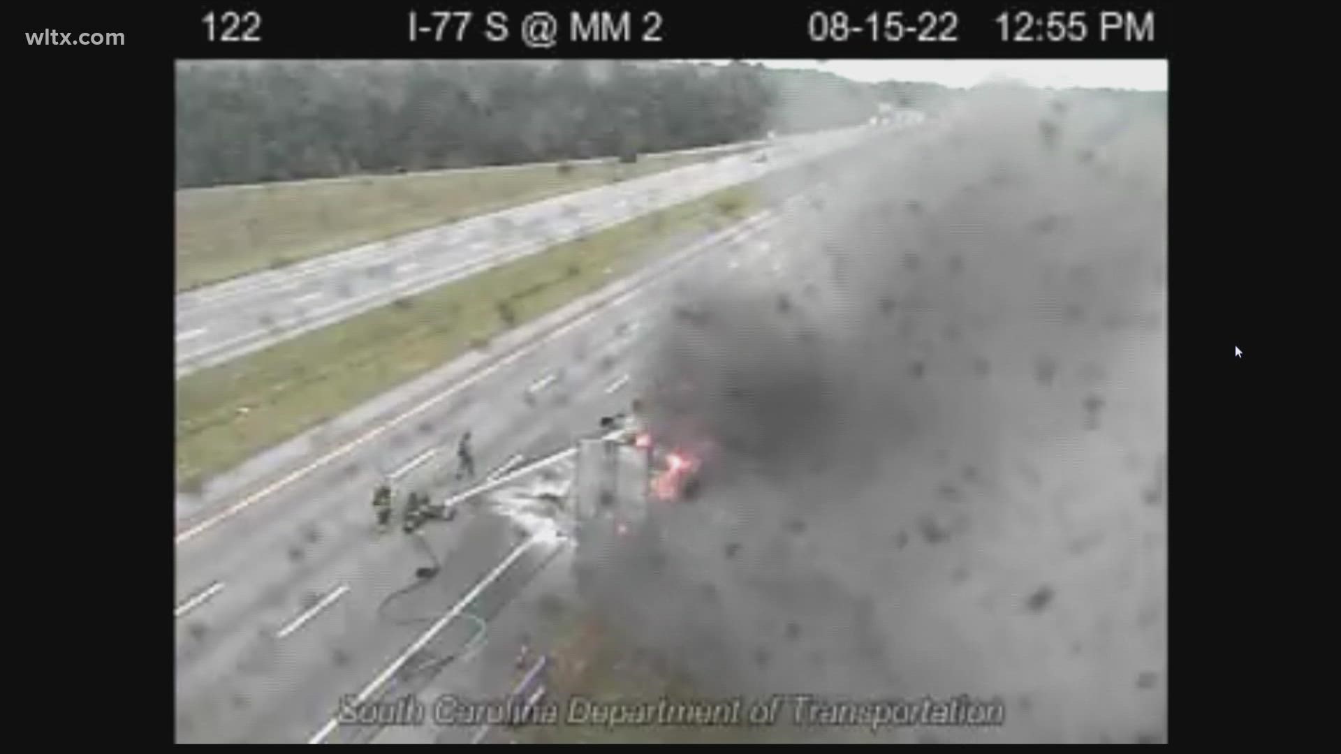 Southbound lanes of I-77 towards I-26/Charleston remain blocked Monday afternoon as firefighters and road crews work to remove a tractor trailer that caught fire.