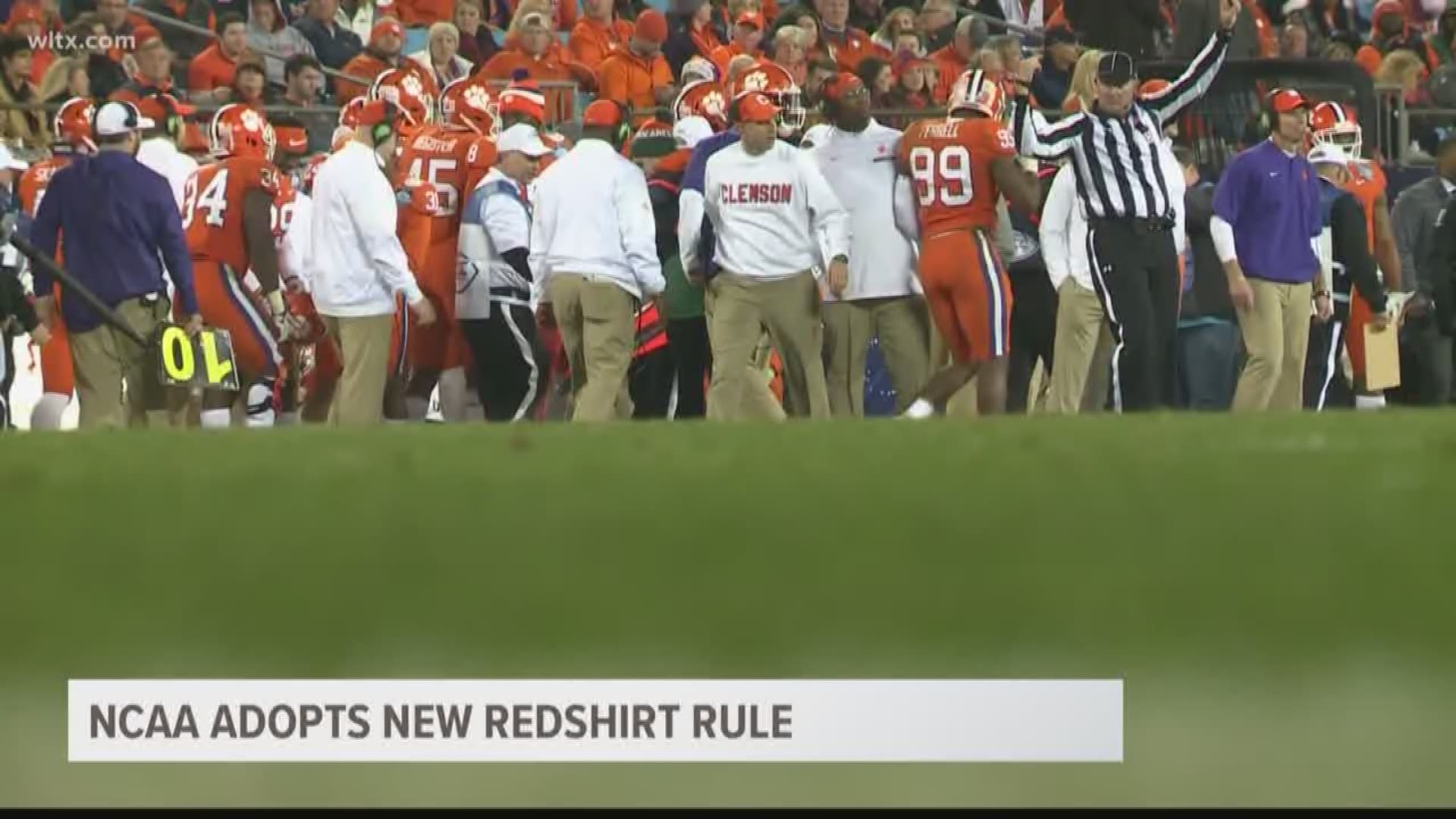 The NCAA has passed legislation that will allow players to compete in as many as four football games in one season without burning a redshirt. Clemson head football coach Dabo Swinney is all for that rule.