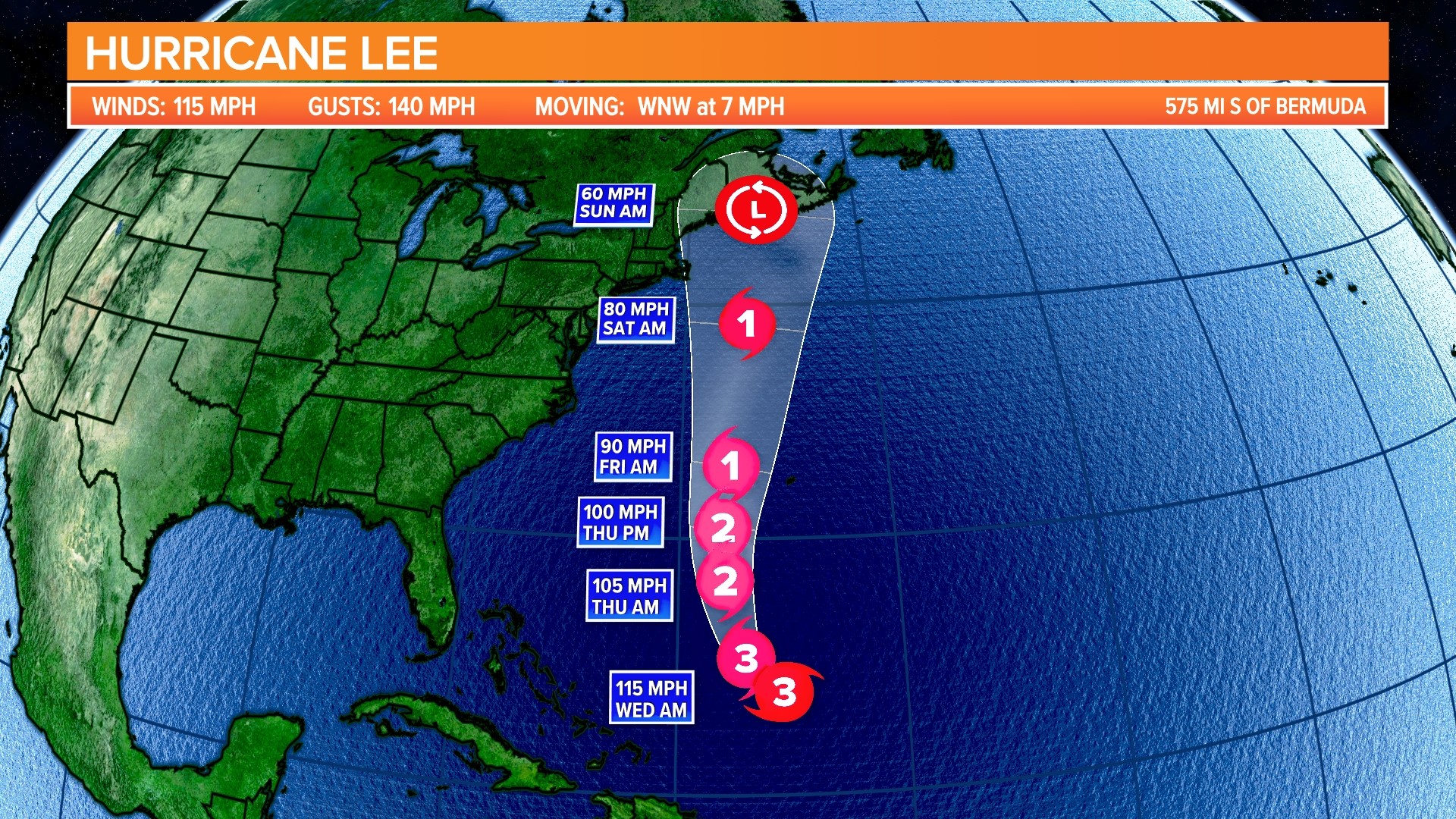 Hurricane Lee continues to be a dangerous Category 3 storm in the Atlantic.