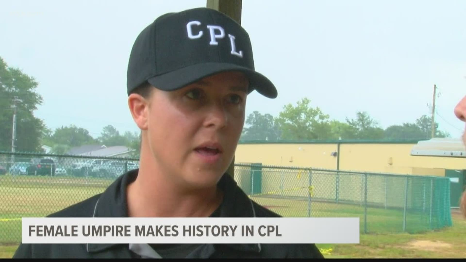 Greta Langhenry is the first female umpire in the history of the Coastal Plain League. She worked Thursday's game between the Lexington County Blowfish and the Macon Bacon.