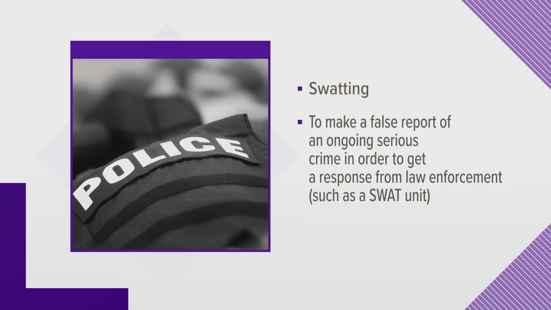 Swatting's definition is to make a false report of an ongoing serious crime in order to get law enforcement to respond.