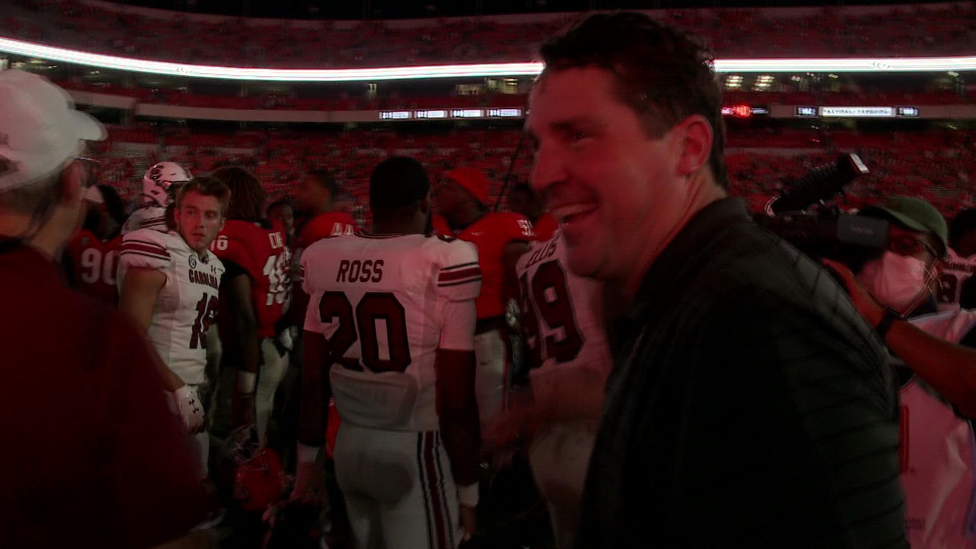 Georgia's Will Muschamp gives well-wishes to his former players following the the Bulldogs' win over the Gamecocks. Muschamp was USC's head coach from 2016-2020.
