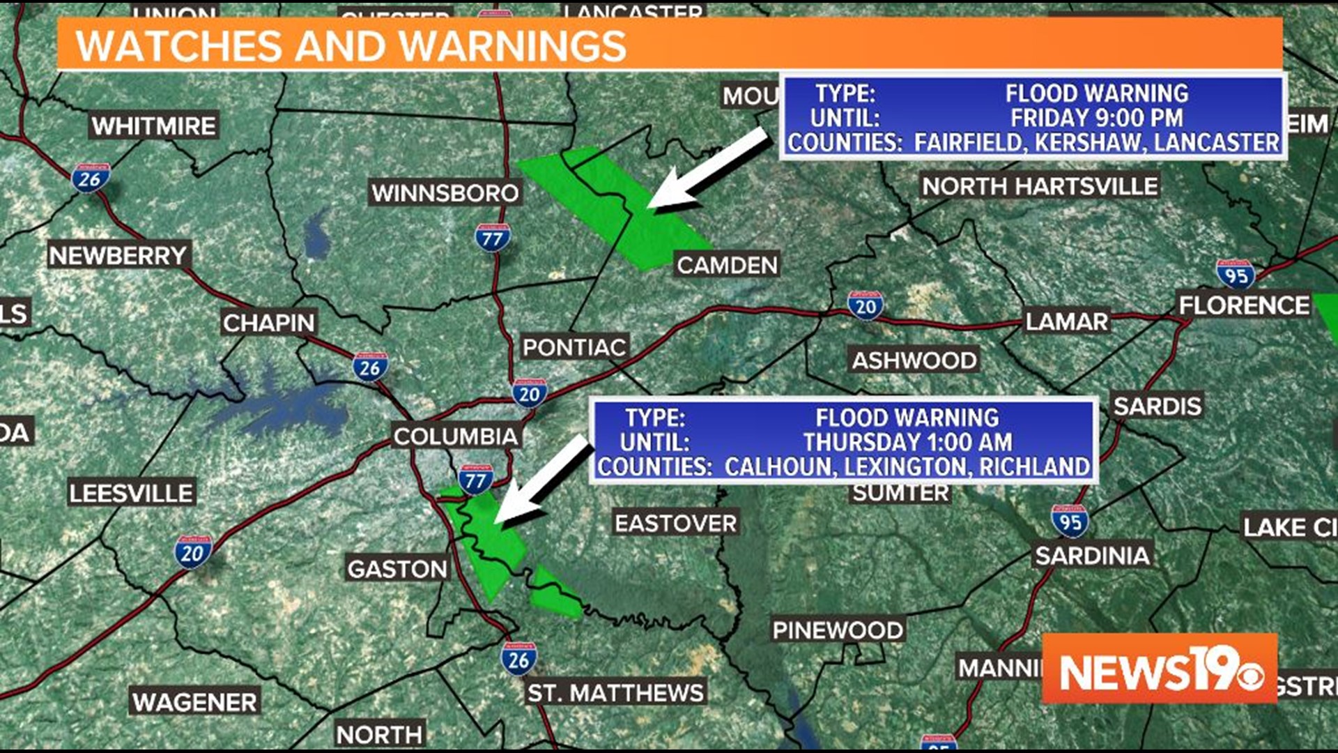 Parts of the Congaree and Wateree rivers are under flood warnings through the end of the week.