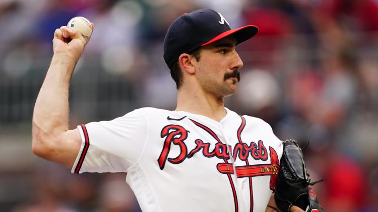 Spencer Strider of the Atlanta Braves pitches in the bottom of the