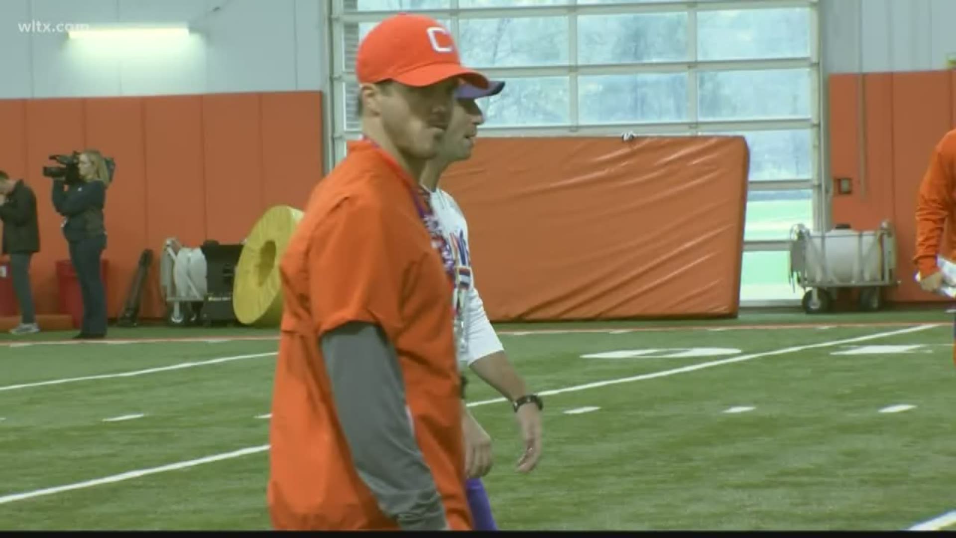 With Jeff Scott in Tampa getting acclimated to his new job as the South Florida head coach, Dabo Swinney and Tyler Grisham handled the receivers at Friday's practice