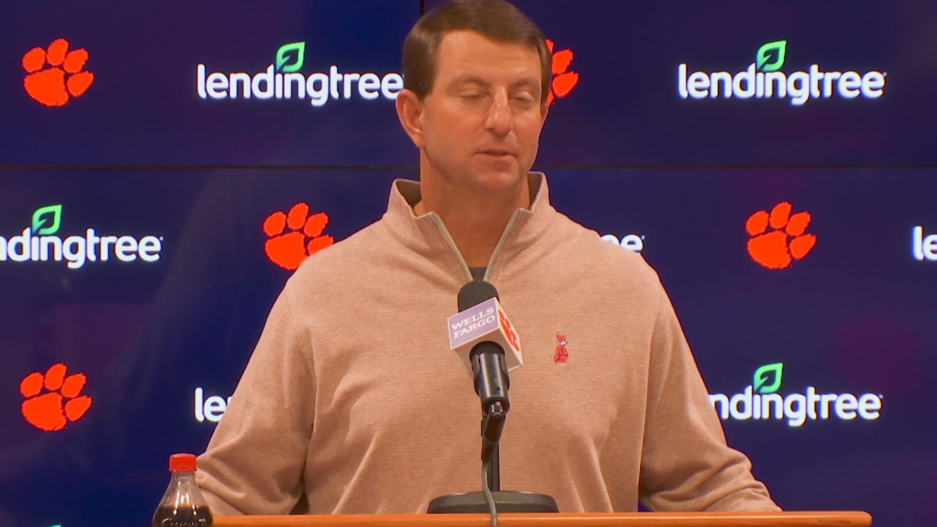 Clemson head football coach Dabo Swinney can see the finish line of the regular season, but understands how critical it is for his team to run through the tape.