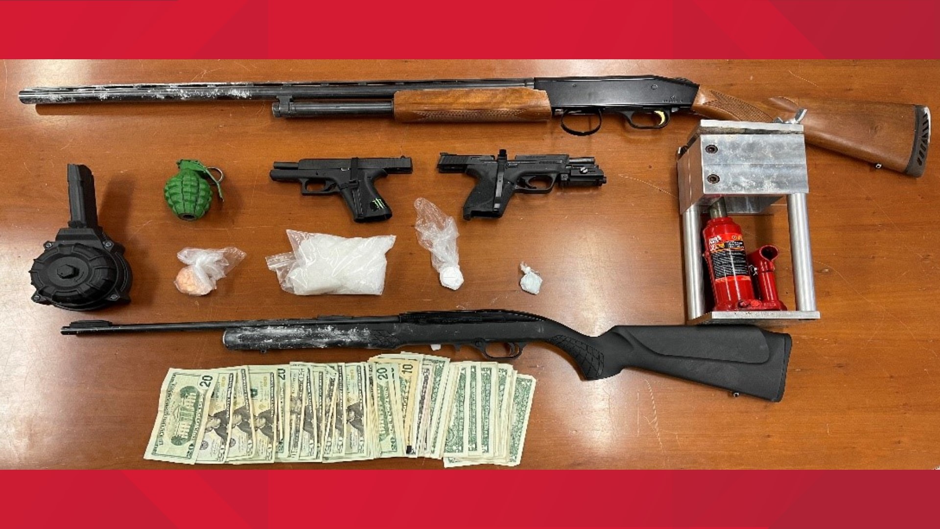 An investigation into a violent felon in Indianapolis led to three arrests and the seizure of a half-pound of meth, a grenade, guns, money and other drugs.
