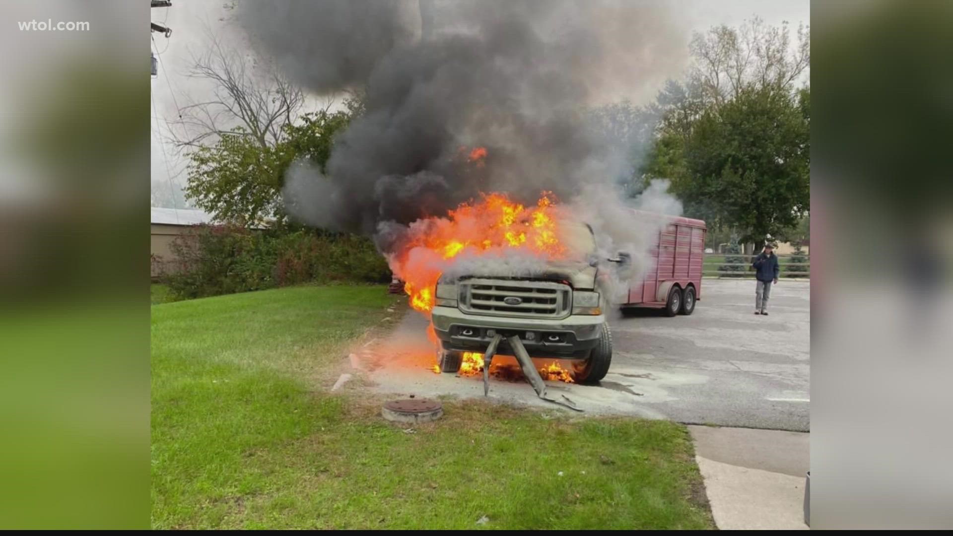 The Ford F-250 became fully engulfed in flames around 9 a.m. when it pulled into the Circle K on Airport Highway and Albon Road in Holland.