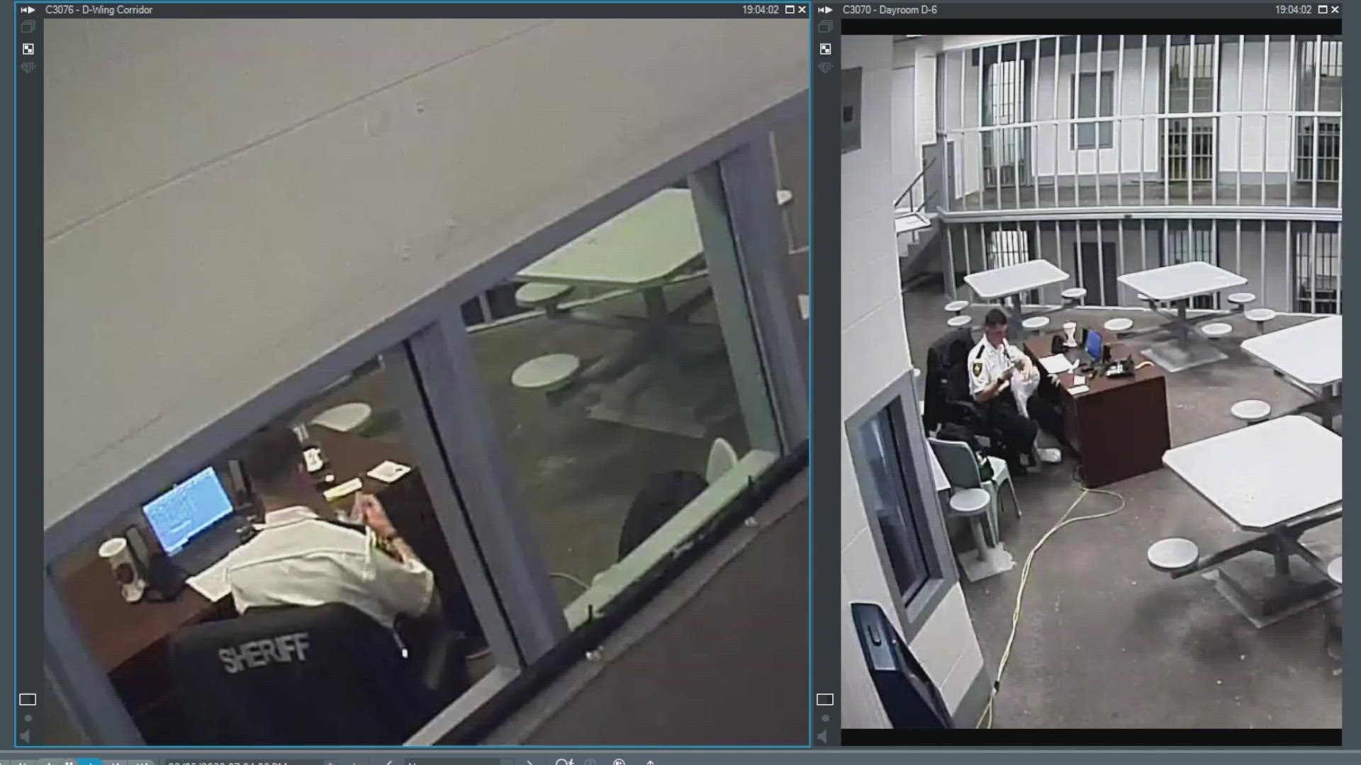 Surveillance video showed Deputy Conner Davis cutting up garbage bags and taping them over the windows behind a desk.