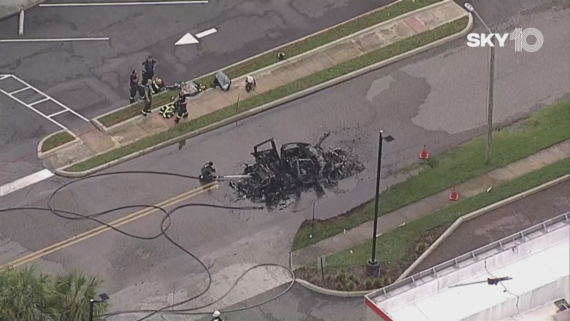 A Tesla was destroyed after catching fire on the back of a tow truck Thursday morning, according to the Pinellas Park Police Department.