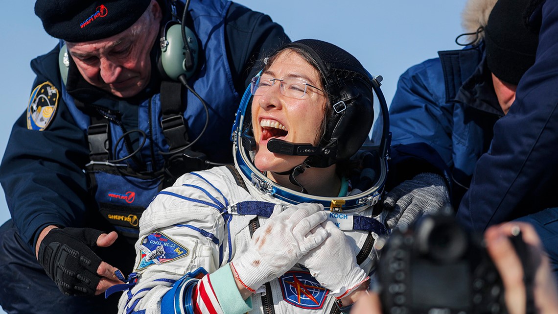 Record-breaking astronaut Christina Koch returns to Earth after 328 ...