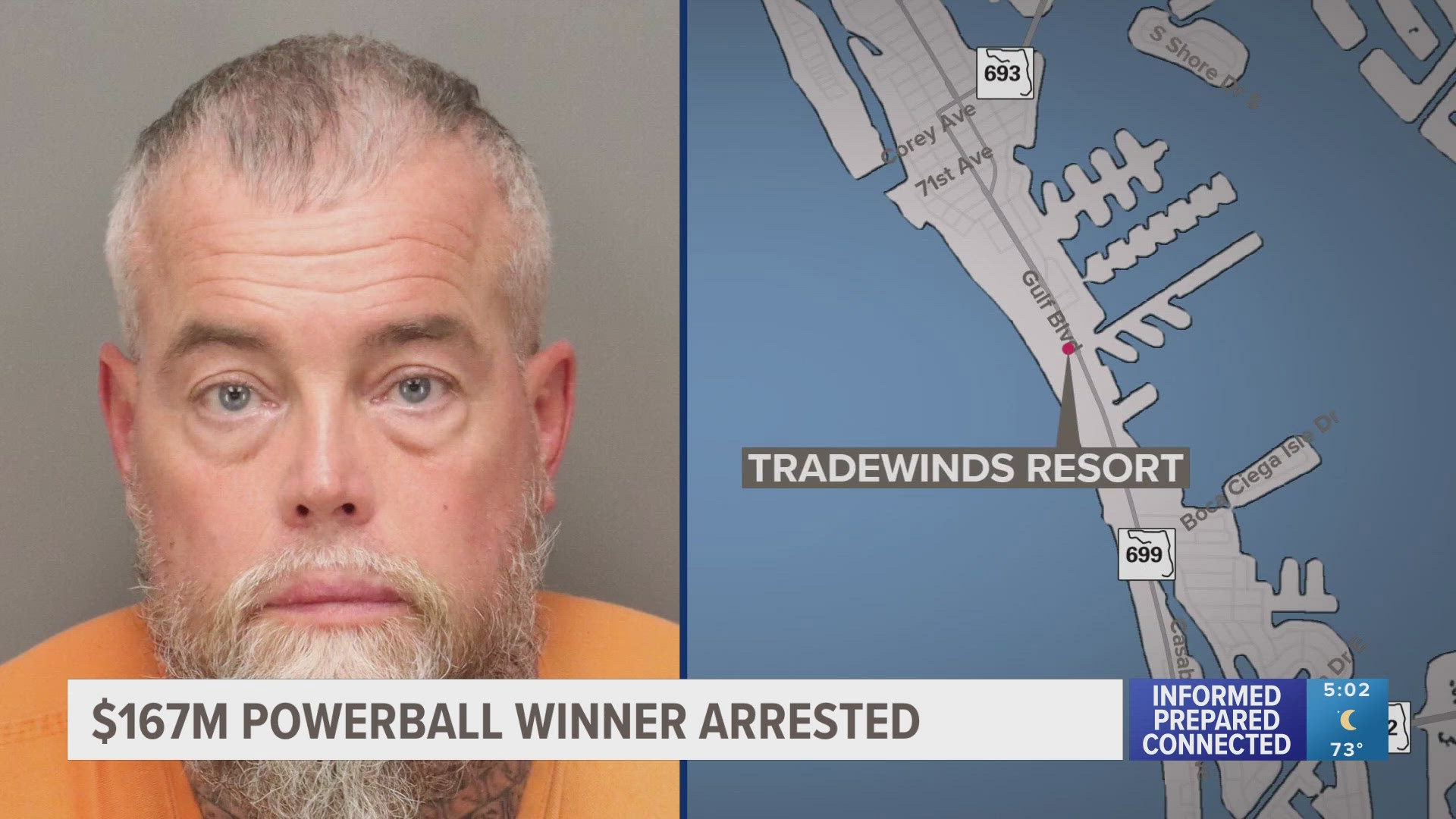 A Kentucky man who bought the winning Powerball ticket was arrested on Tuesday at a beach resort in St. Pete. 