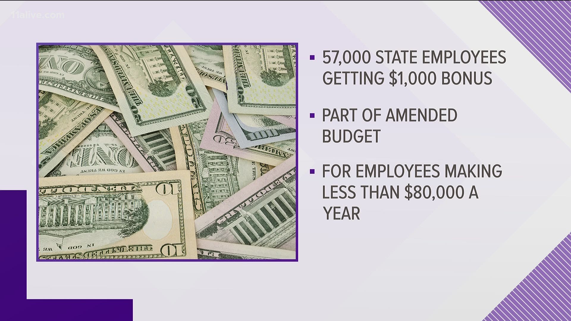 Roughly 57,000 employees will get the bonus, announced as part of the amended budget for this fiscal year.