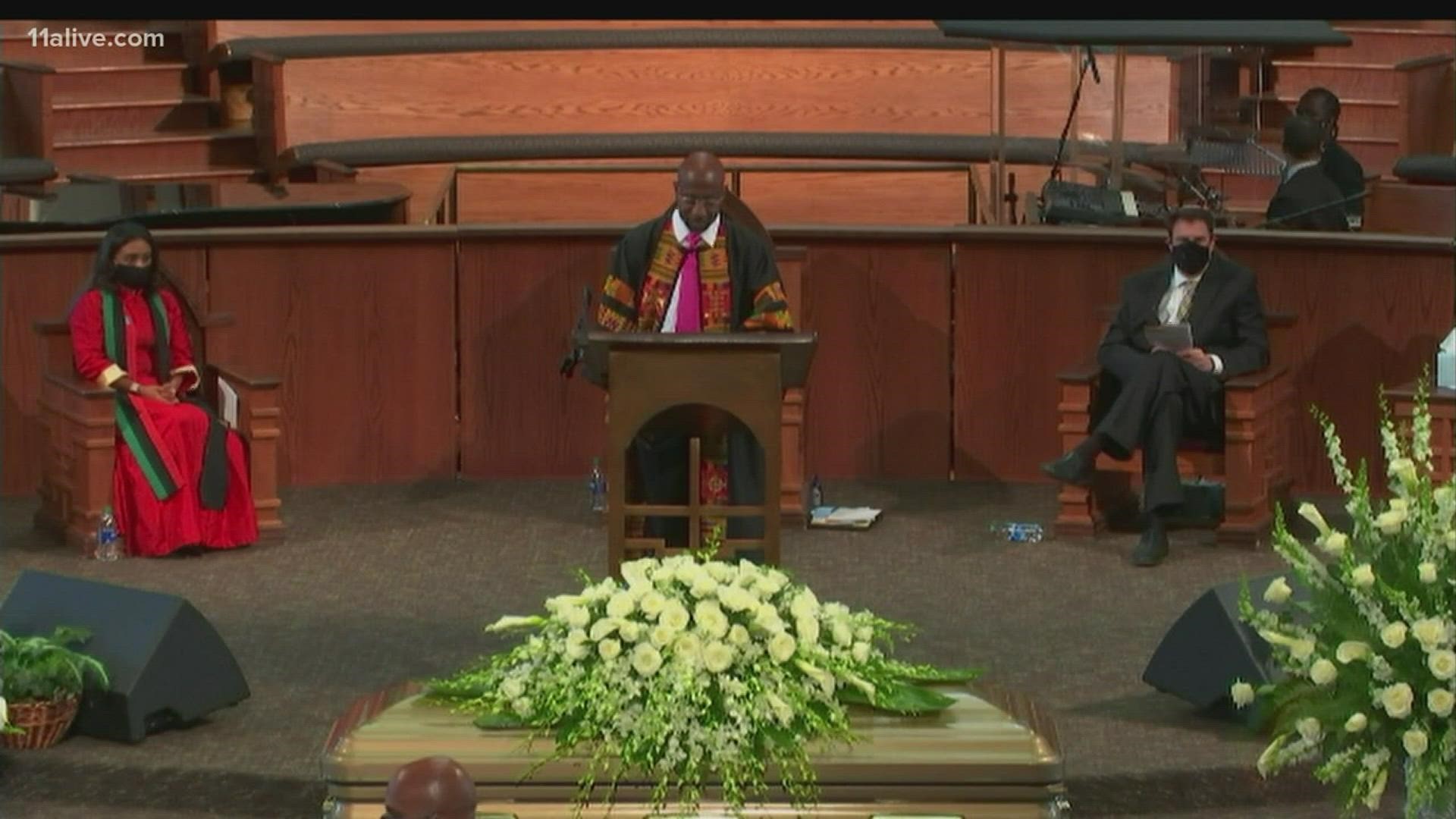 The Rev. Raphael G. Warnock delivers eulogy during Rayshard Brooks funeral at Ebenezer Baptist Church in Atlanta.